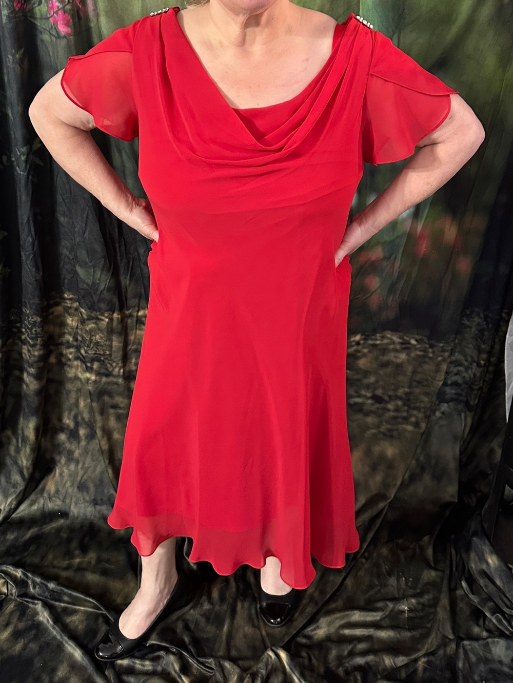 SL Fashion 16W Red Chiffon Cowl Neck, and rhinestone embellished Women's Dress - Picture 9 of 9